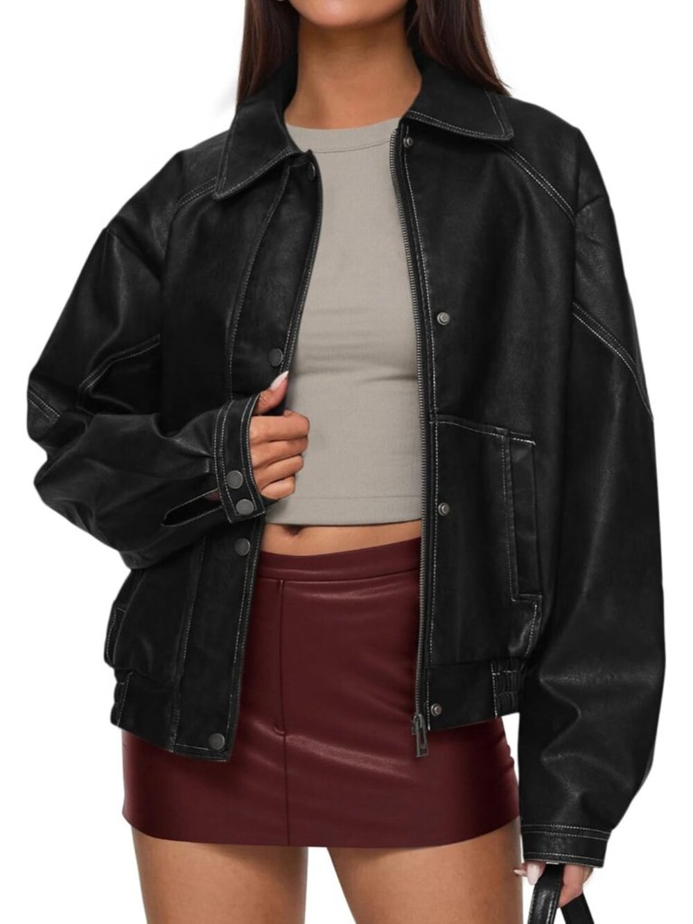 Women’s Black Faux Leather Oversized Jacket, Casual Coat